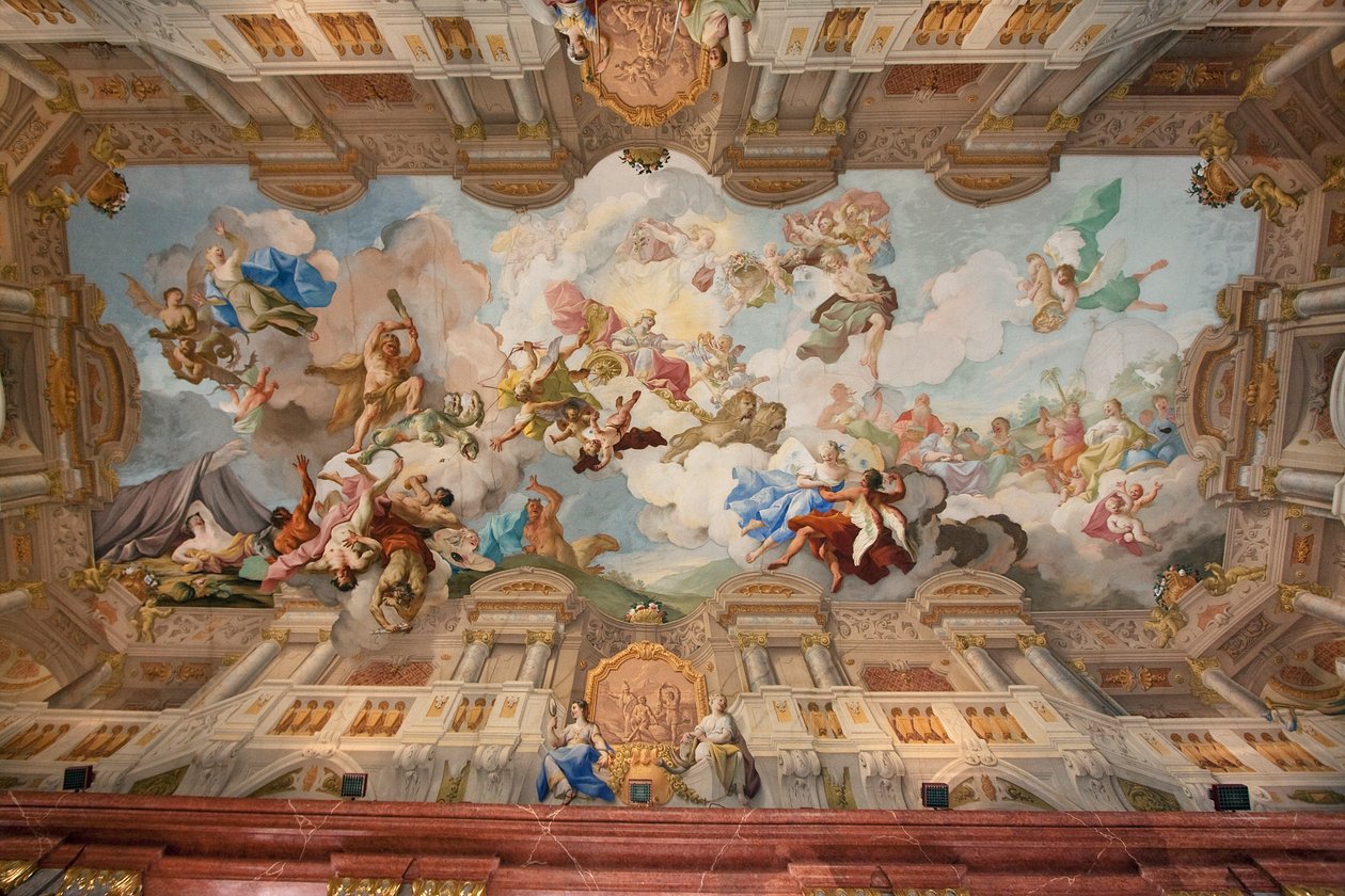 Architectonische schildering op het plafondfresco door Gaetano Fant in de Marmeren Hal in het Stift Melk Benedictijnenklooster, Neder-Oostenrijk, Oostenrijk door Unknown
