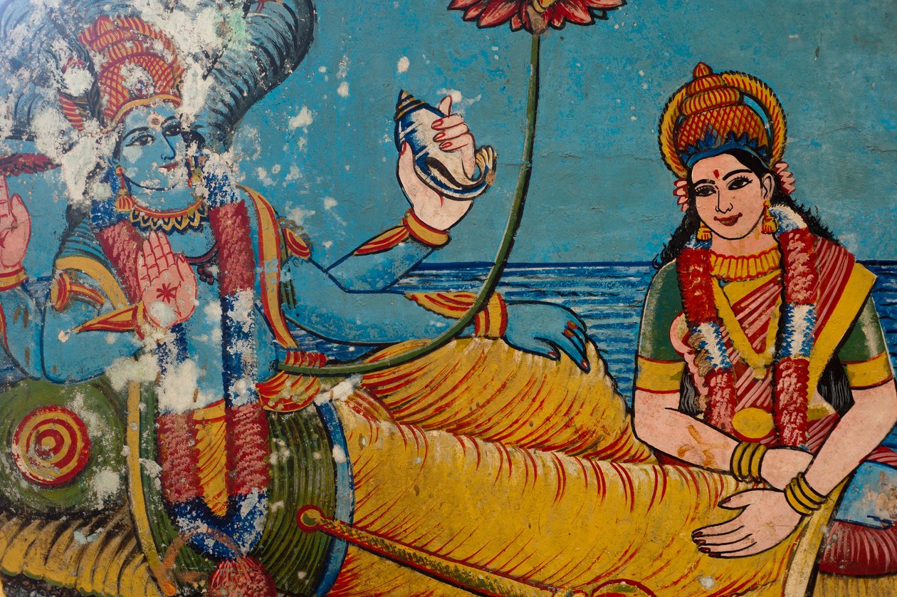 Schilderij van hindoeïstische godheden op de muur van een tempel in Sangamankanda, aan de Oostkust van Sri Lanka. 29 mei 2010. door Unknown