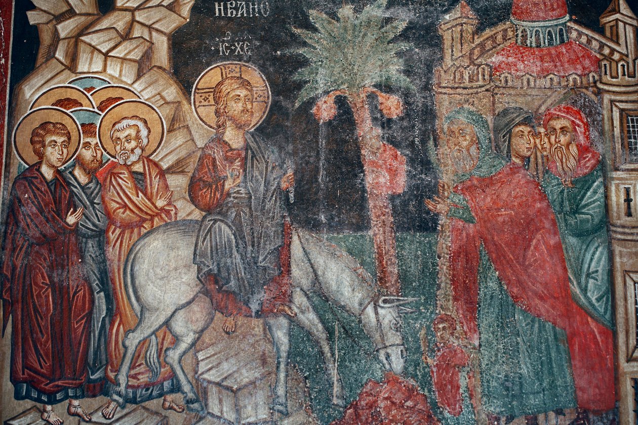 Byzantijns fresco uit de 15e eeuw, de intocht in Jeruzalem, Michael Archangel Kerk in Pedoulas, Cyprus door Unknown