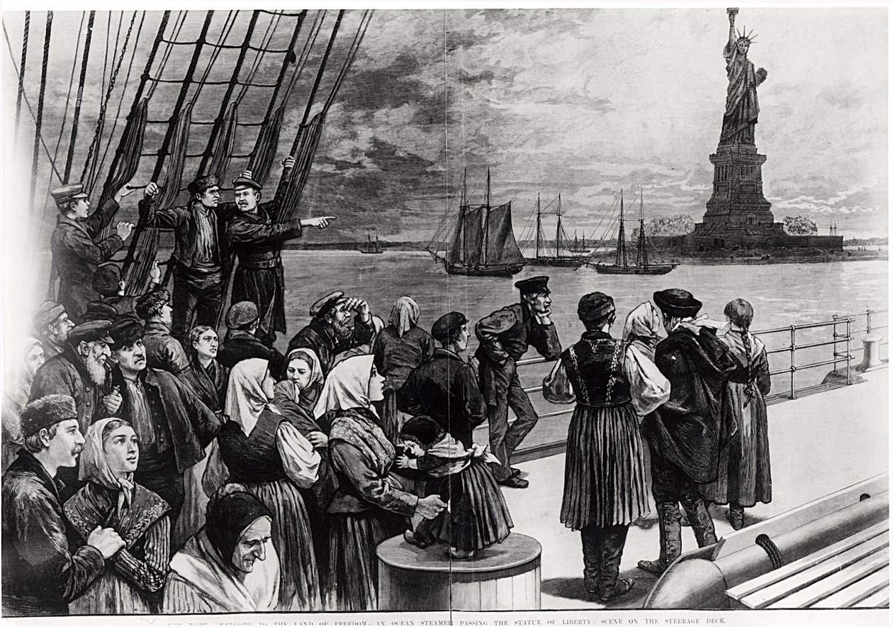 New York - Welkom in het land van vrijheid - Een oceaanstomer passeert het Vrijheidsbeeld - scène op het tussendek, illustratie uit 