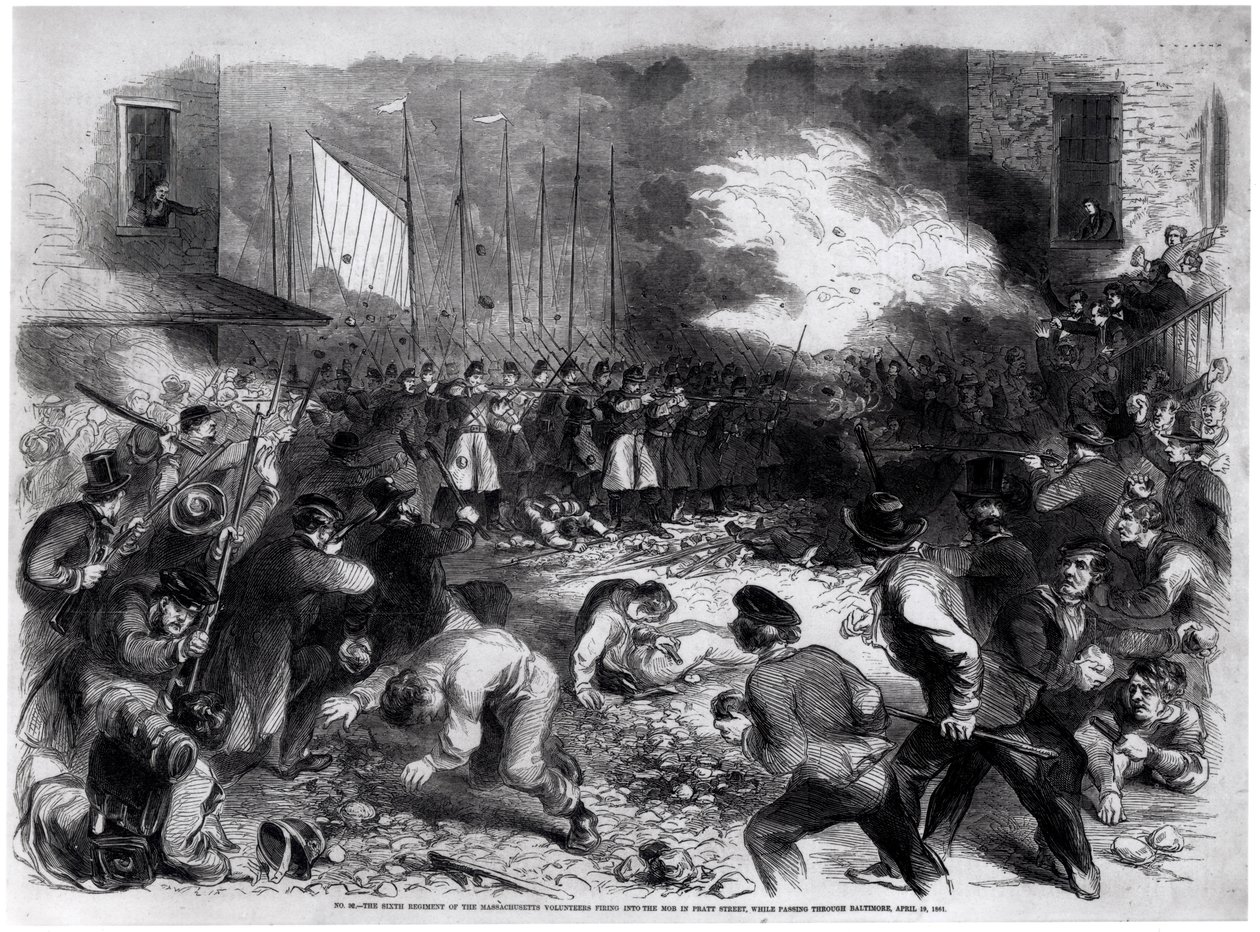 Het Zesde Regiment van de Massachusetts Vrijwilligers Schiet op de Menigte op Pratt Street, Tijdens de Doortocht door Baltimore op Weg naar Washington, 19 april 1861, uit 
