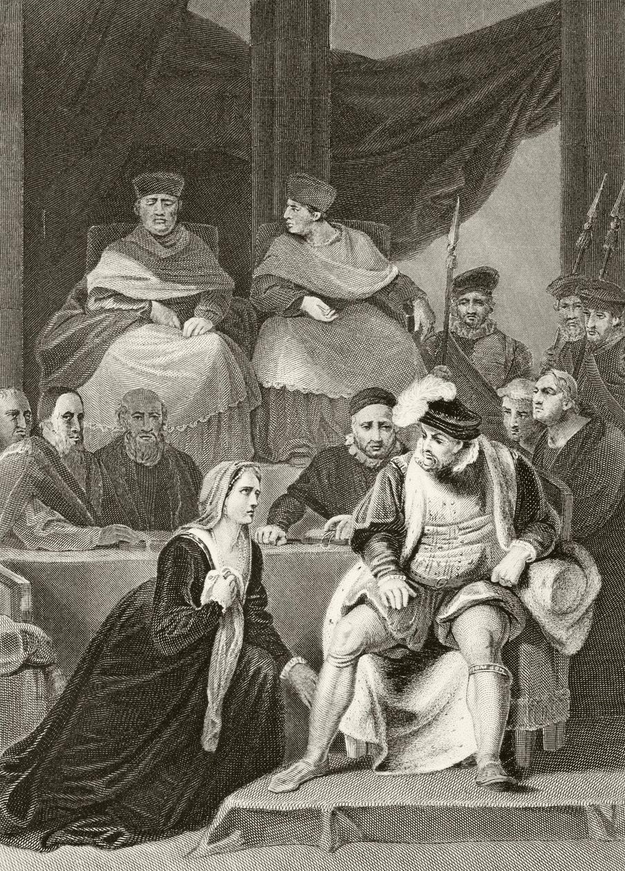Catherine van Aragon knielt voor haar echtgenoot koning Hendrik VIII tijdens het proces van hun huwelijk, uit 