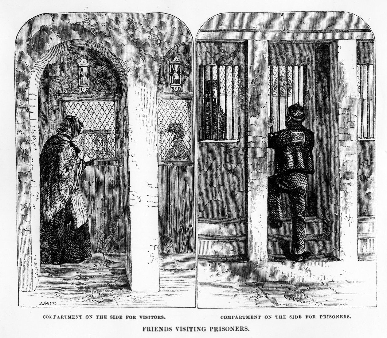 Vrienden bezoeken gevangenen in het Huis van Correctie, Coldbath Fields, prent gemaakt door J. Palmer, illustratie uit 