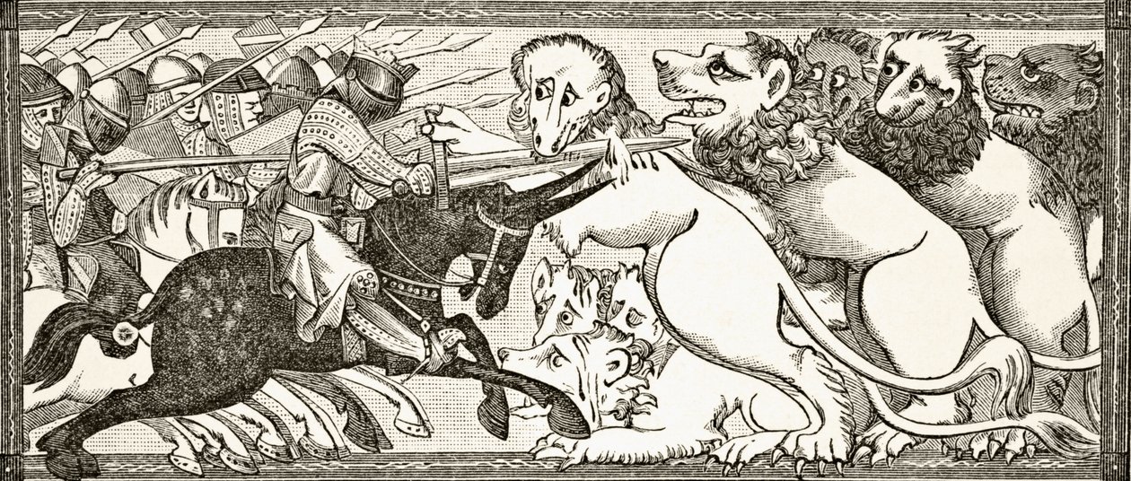 Hoe Alexander vocht met witte leeuwen zo groot als stieren, naar een miniatuur in een 13e-eeuws manuscript, uit 