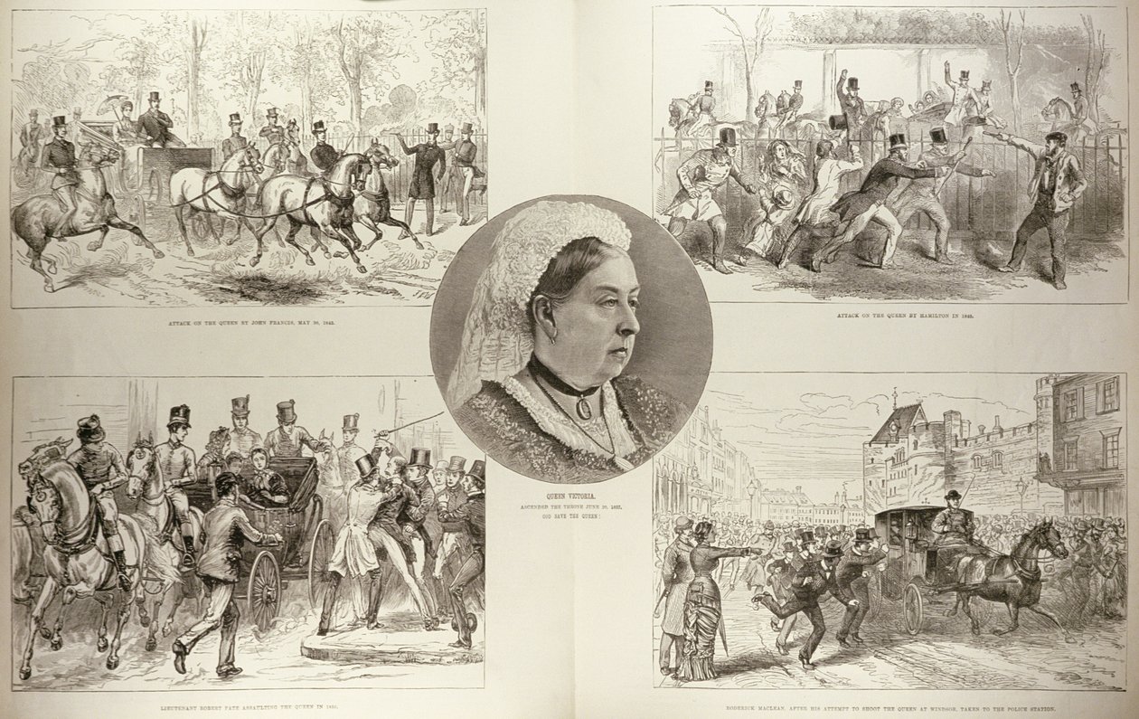 Illustraties van aanvallen op koningin Victoria, uit 