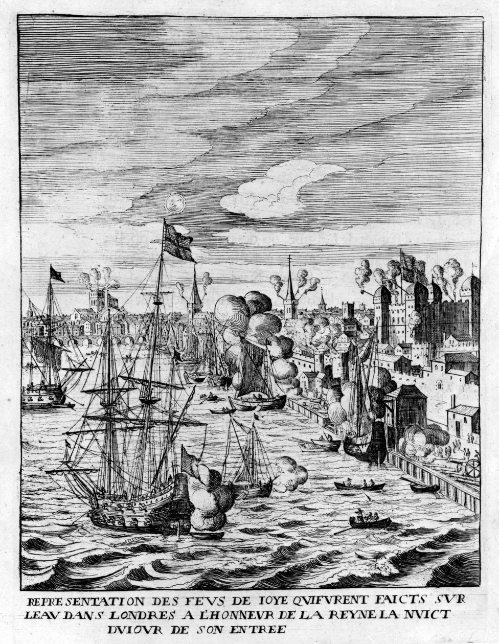 Brandende vuren in de Tower of London en kanonvuur ter ere van de aankomst van koningin Marie de Medici, illustratie uit 