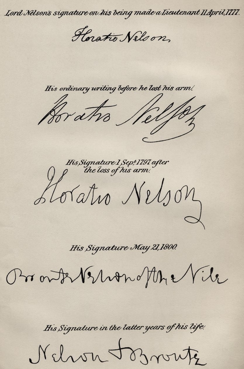 Handtekeningen van Lord Nelson voor en na het verlies van zijn rechterarm, uit 