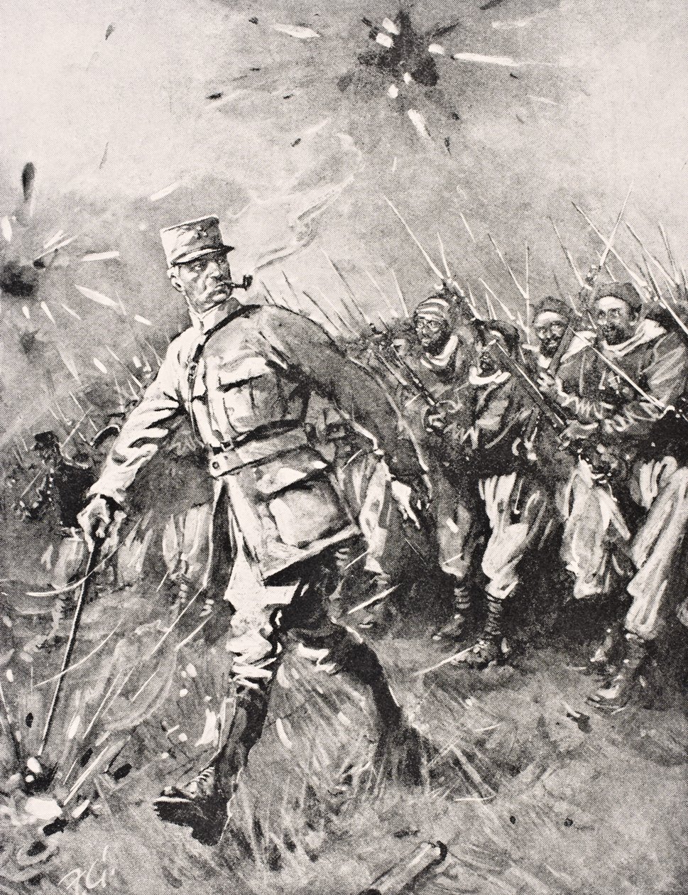 Majoor Jean-Baptiste Marchand, pijp in mond, stok in hand, leidt Zouave en Marokkaanse eenheden tegen Duitse vijand Westfront 1915, uit 
