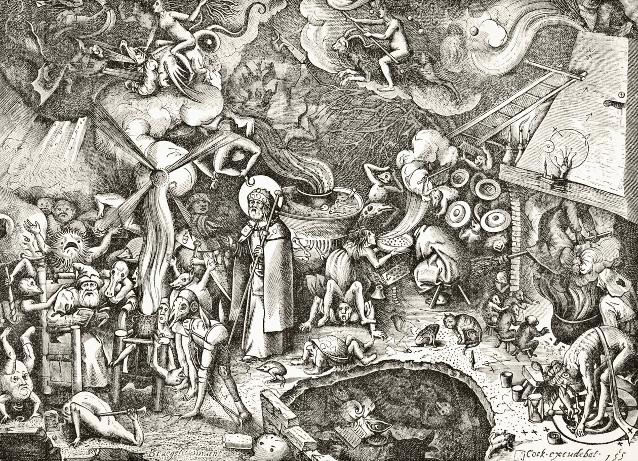 St. Jacobus de Oudere vechtend tegen de duivelse betoveringen van een tovenaar, gegraveerd in de 16e eeuw naar een compositie van Brueghel de Oudere, uit 