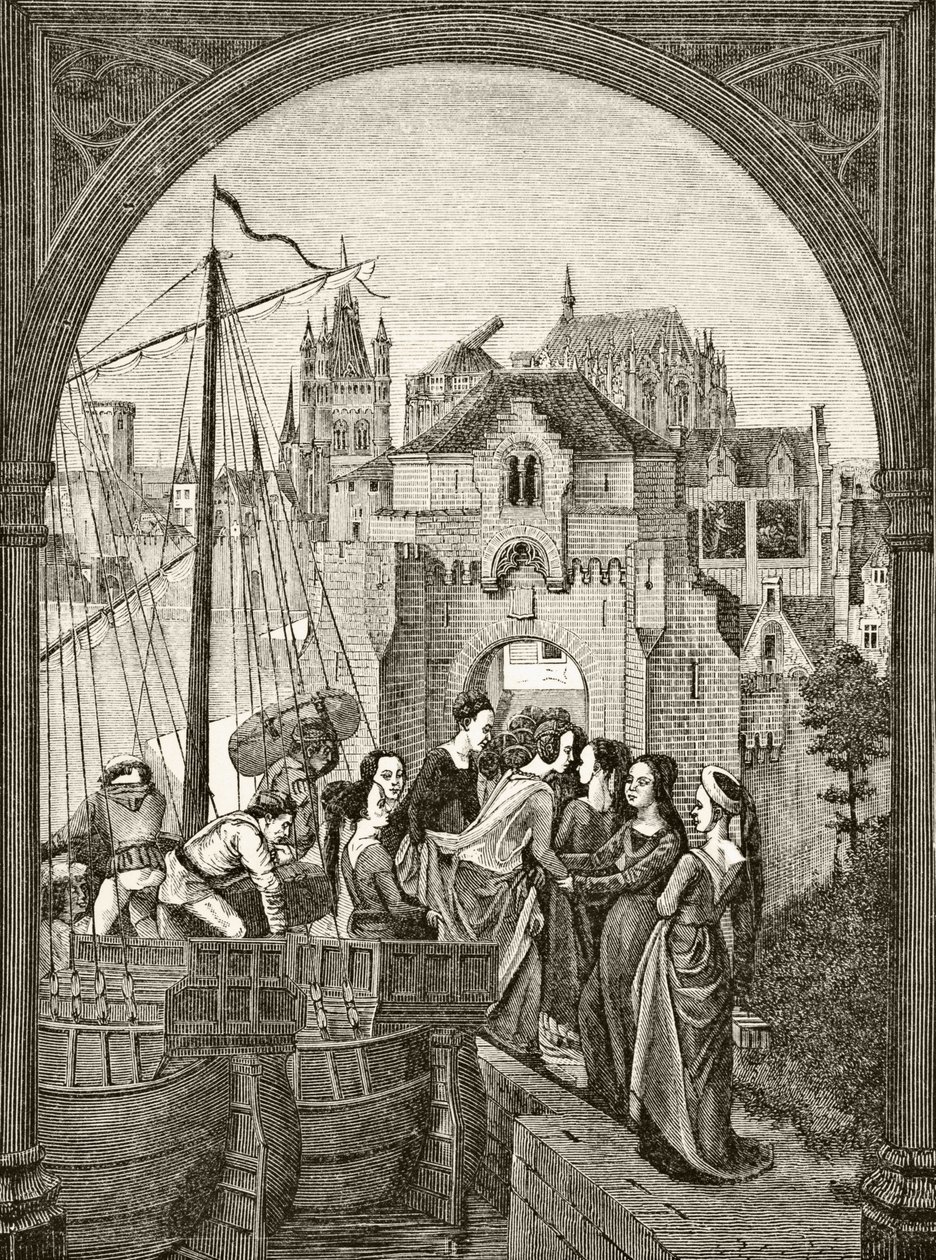 St. Ursula en haar metgezellen arriveren in Keulen, naar een fragment op het 15e-eeuwse reliekschrijn in Brugge, uit 