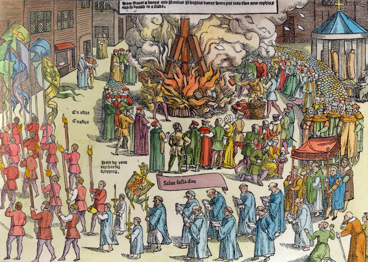 De verbranding van de overblijfselen van Martin Bucer (1491-1551) en Paul Fagius (1504-49) op Market Hill in Cambridge in 1557, uit 