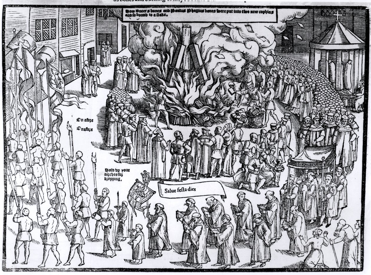 De Verbranding van de Overblijfselen van Martin Bucer (1491-1551) en Paul Fagius (1504-49) op Market Hill in Cambridge in 1557, uit 
