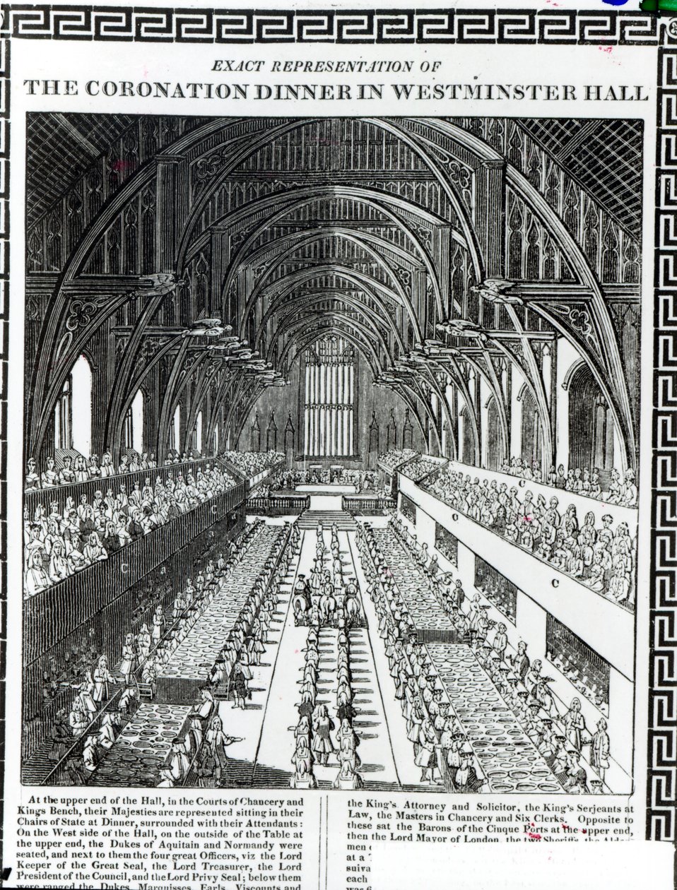Het Kroningsbanket in Westminster Hall, uit een boek ter herdenking van de Kroning van Koning Willem III (1650-1702) en Koningin Mary II (1662-94) door Francis Sandford (1630-94) door English School