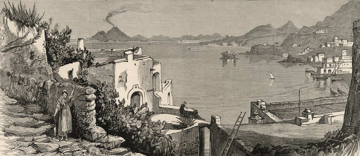 De rampzalige aardbeving op Ischia: Het strand en de stad Casamicciola vanuit het dorp Lacco, uit 