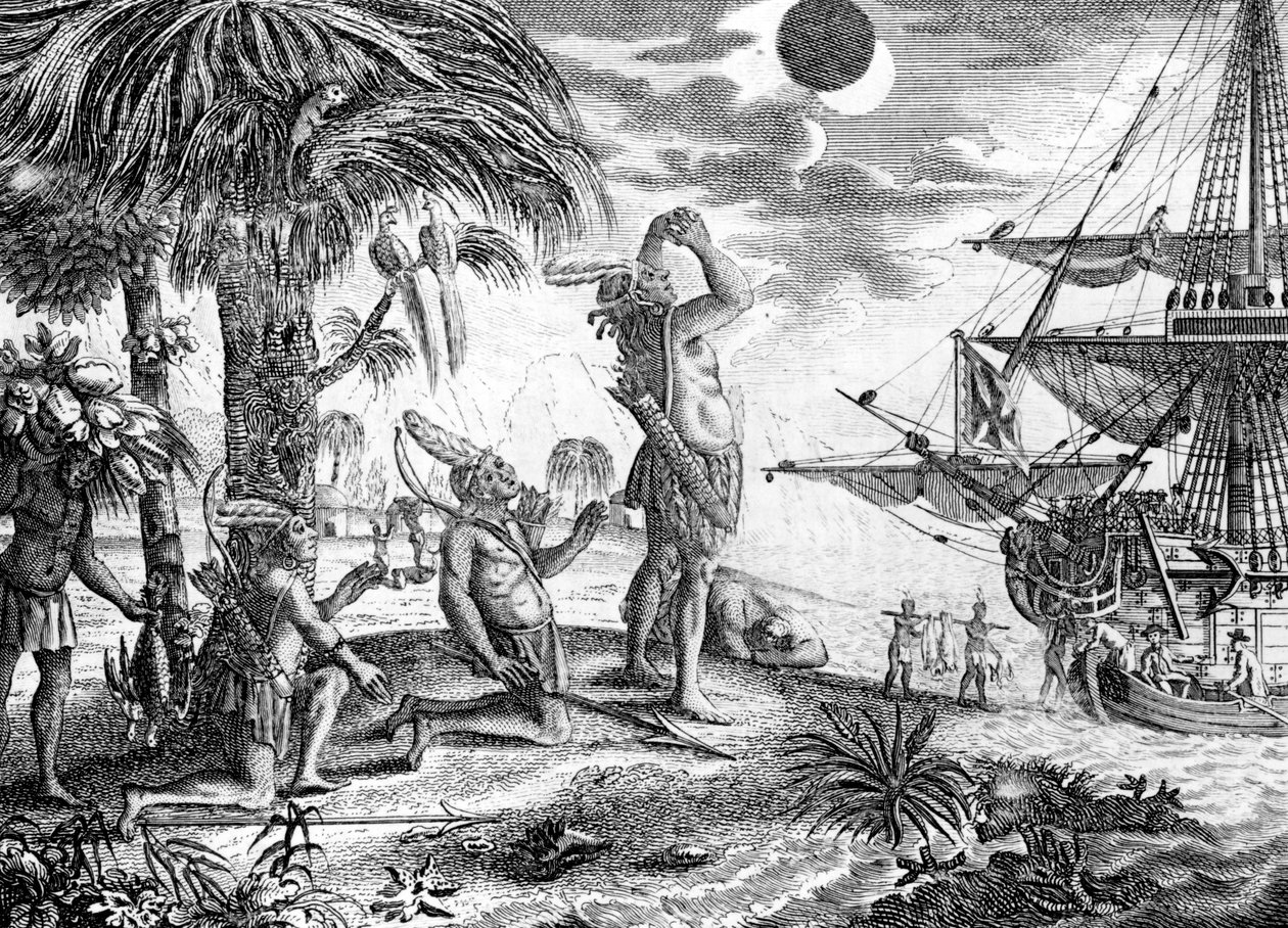 De Indianen verbaasd over de maansverduistering voorspeld door Columbus, illustratie uit 