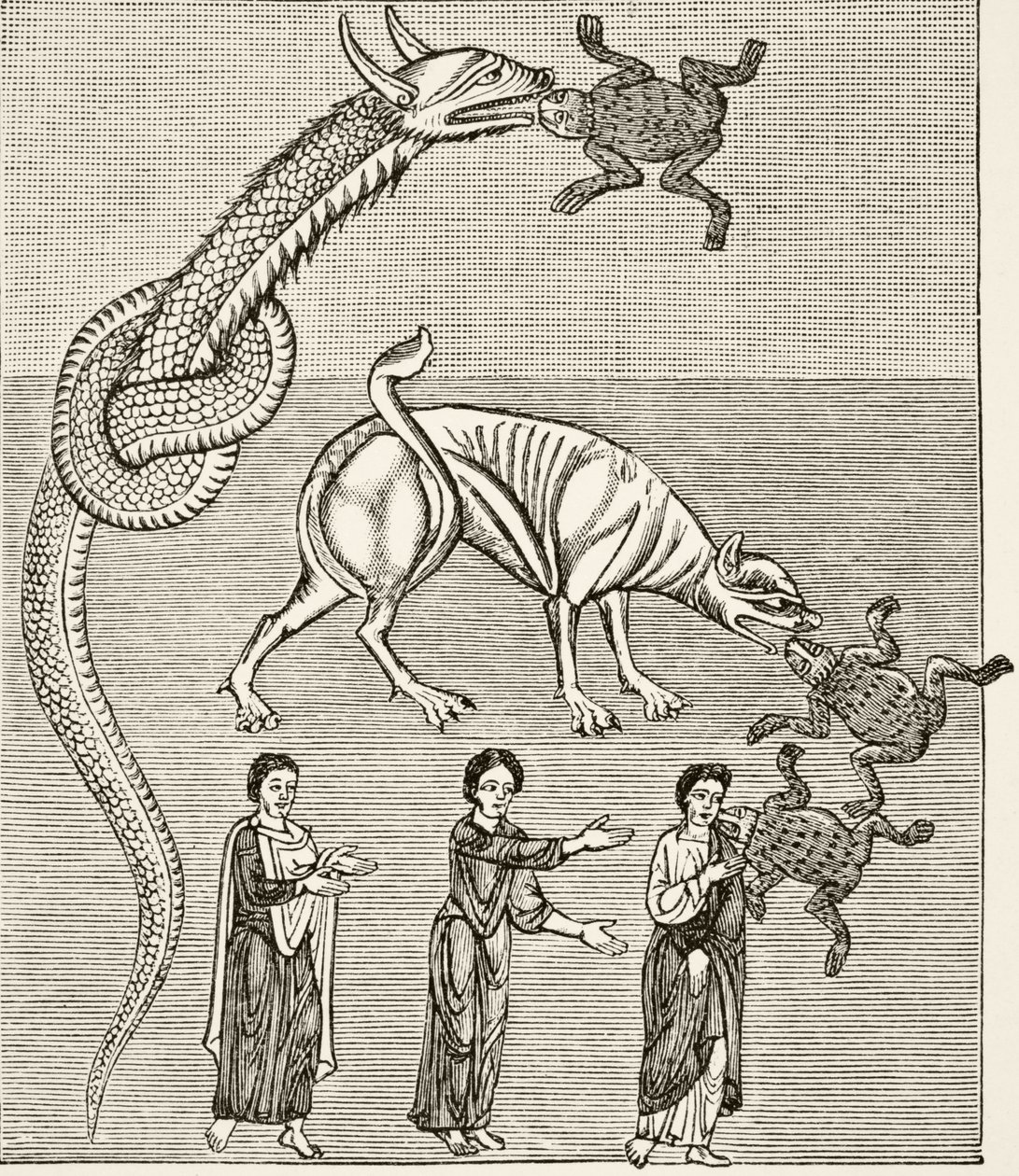 De slang, of de draak, en de behemoth, of de duivel, naar een miniatuur in een 12e-eeuws manuscript van het 