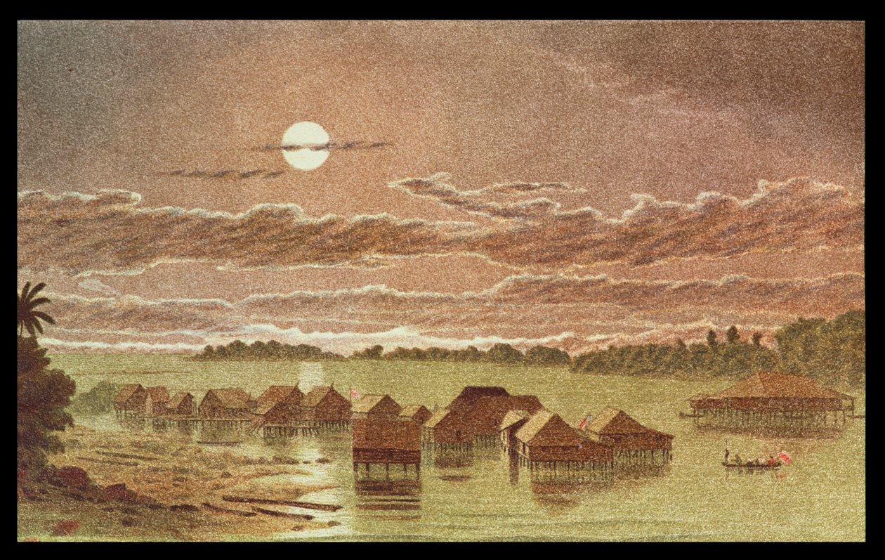 Dorp op Basilan, Filipijnen (litho) door English School