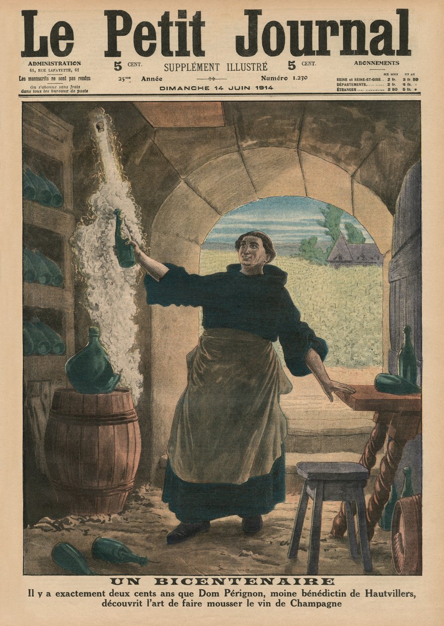 Een Bicentennial, precies tweehonderd jaar geleden ontdekte Dom Perignon, een Benedictijner monnik van Hautvillers, de kunst om de Champagnewijn te laten sprankelen, voorpagina illustratie van 