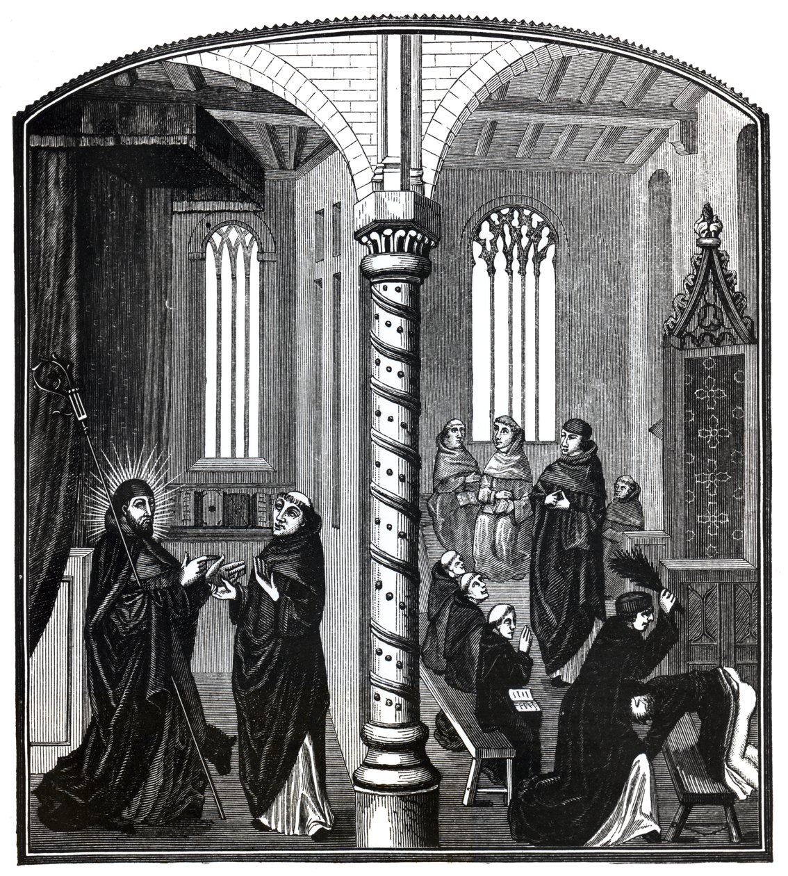 Een Geseling in een School van Bedelmonniken, uit Ms.21,252, illustratie uit 