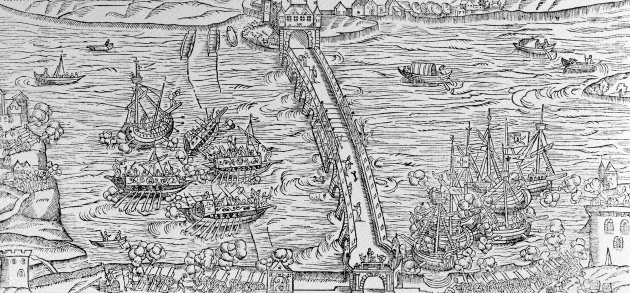 Een reconstructie van een zeeslag uitgevoerd op de rivier de Seine voor Hendrik IV in 1596, illustratie uit 