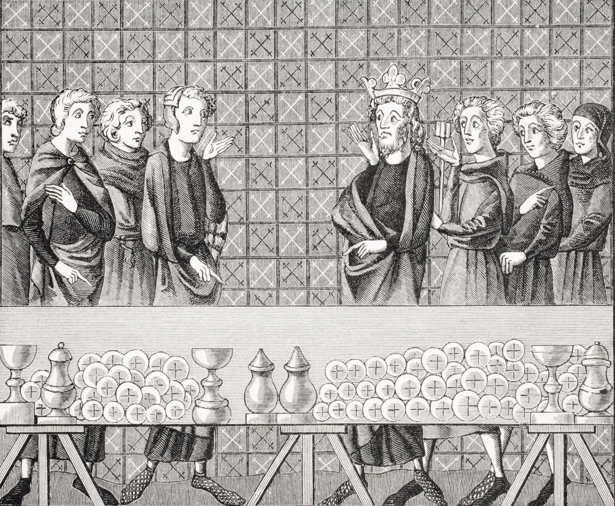Hovelingen die Rijkdom Verzamelen ten Kosten van de Armen, naar een miniatuur in het 14e-eeuwse manuscript 