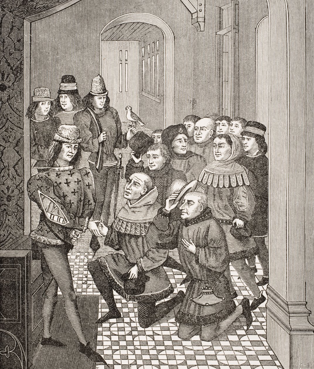Afgevaardigden van de Gentse Burgers vragen vergiffenis aan Lodewijk II voor hun Opstand tegen hem in 1397, gebaseerd op een miniatuur in een boek van Jean Froissart (c.1333-1404) uit 