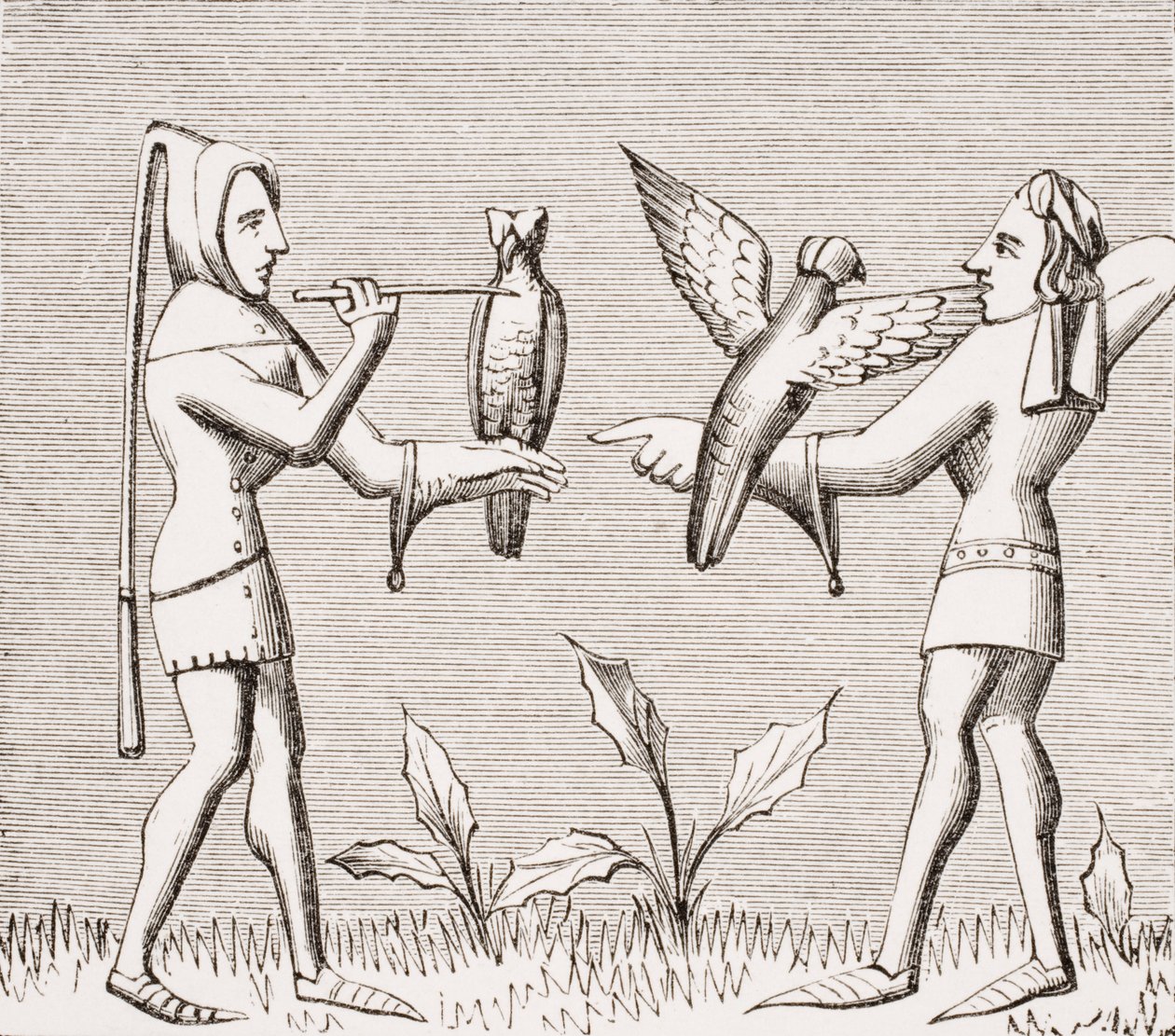 Valkeniers die hun vogels aankleden, reproductie van een miniatuur in het 14e-eeuwse manuscript 