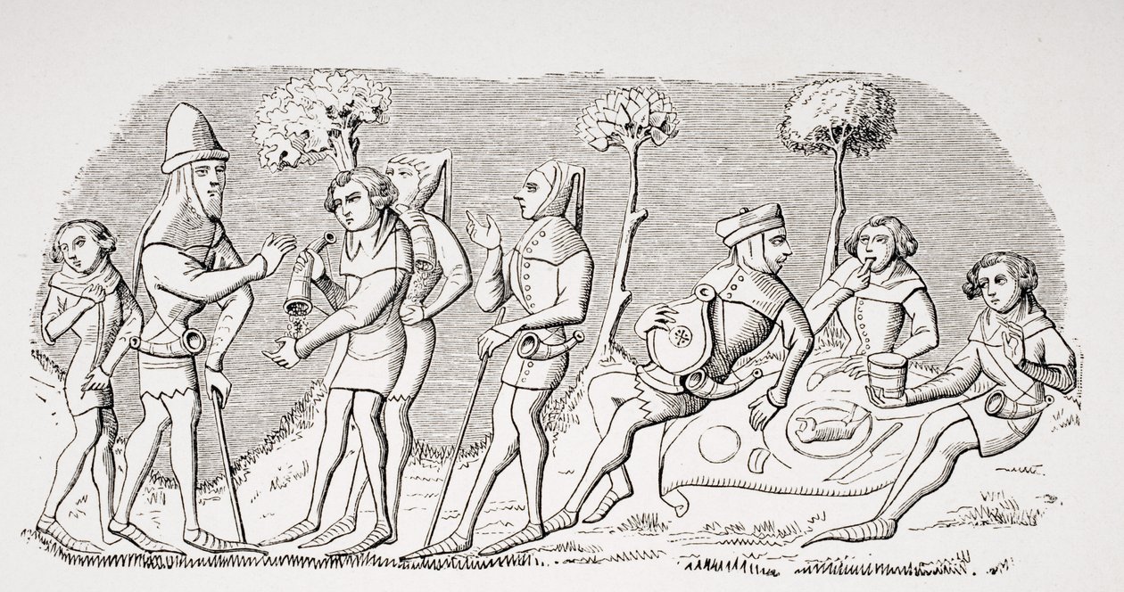 Jachtmaaltijd, reproductie van een miniatuur in het 14e-eeuwse manuscript 
