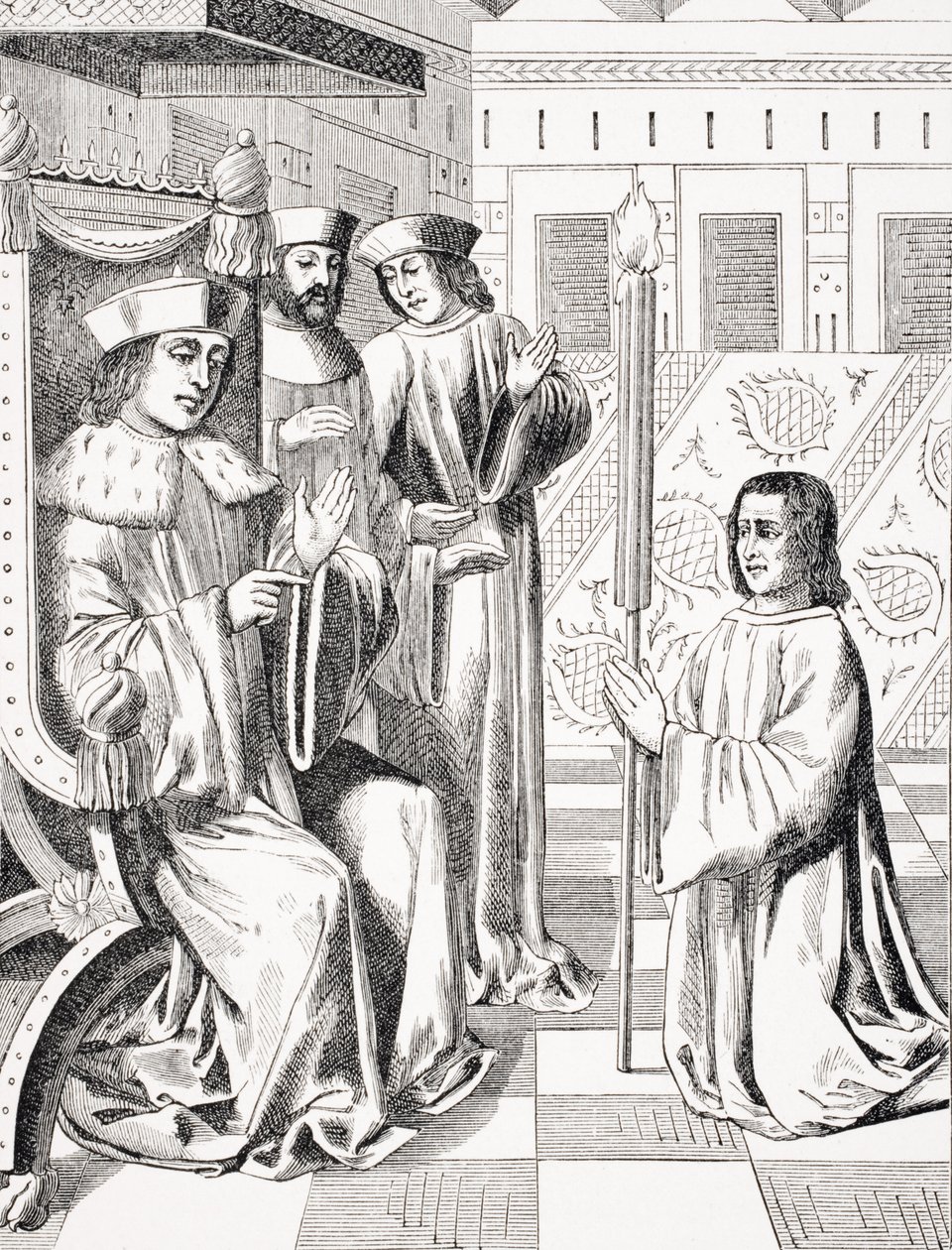 Jacques Coeur (c.1395-1456) brengt hulde aan Karel VII (1403-66), kopie van een 15e-eeuwse miniatuur in de 