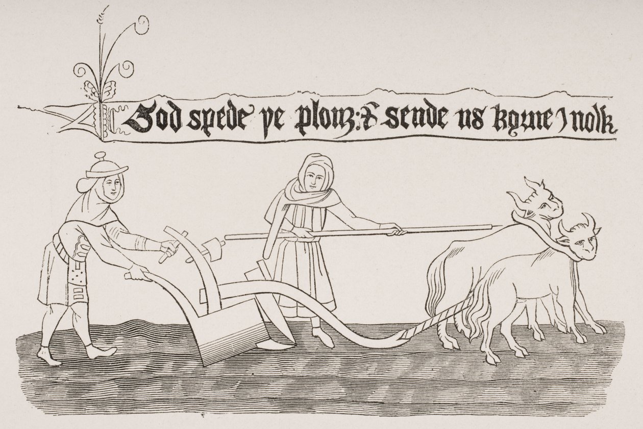 Man en vrouw ploegen een veld, naar een miniatuur uit een Angelsaksisch manuscript, uit 