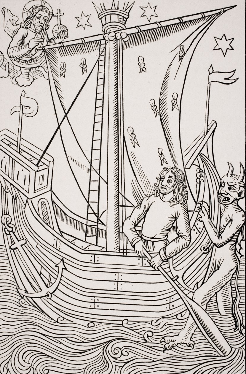 Koopvaardijschip in een Storm, facsimile van een houtsnede in 