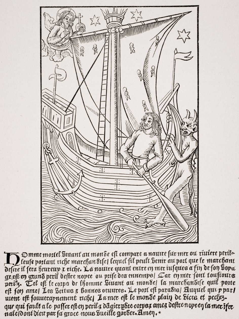 Koopvaardijschip in een storm, facsimile van een houtsnede in 