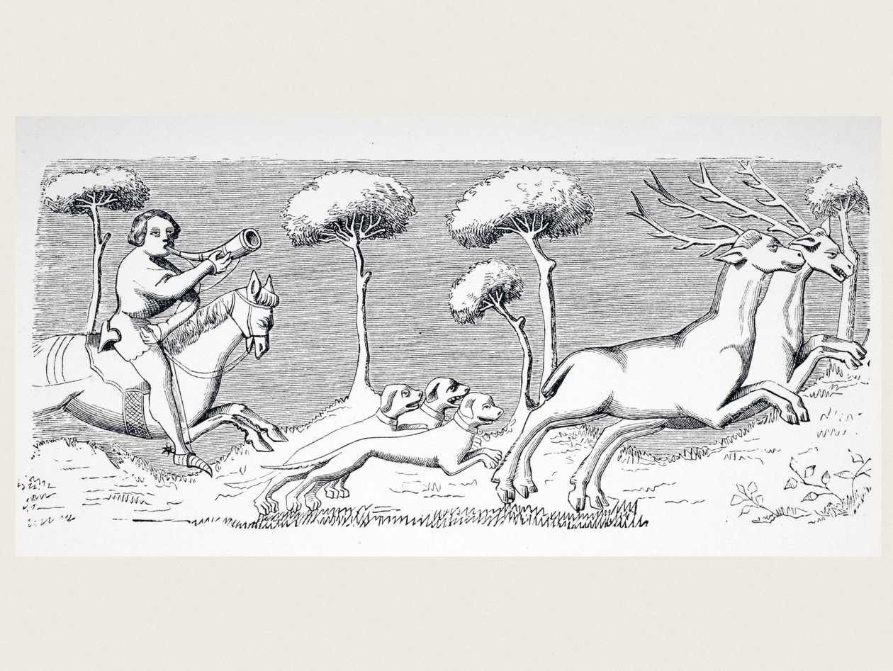 Natuur en Uiterlijk van Herten en hoe ze met Honden kunnen worden Gejaagd, naar een miniatuur in het 15e eeuwse Manuscript van Phoebus, uit 
