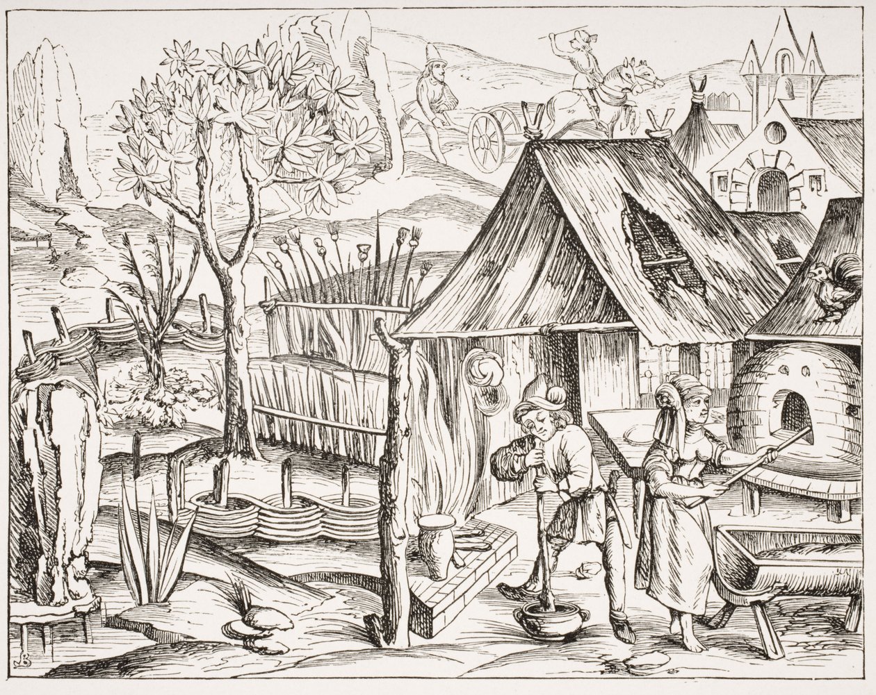 Boeren die graan verbouwen en gerst- en haverbrood maken, naar een houtsnede uit een editie van Virgil gepubliceerd in Lyon, 1517, uit 