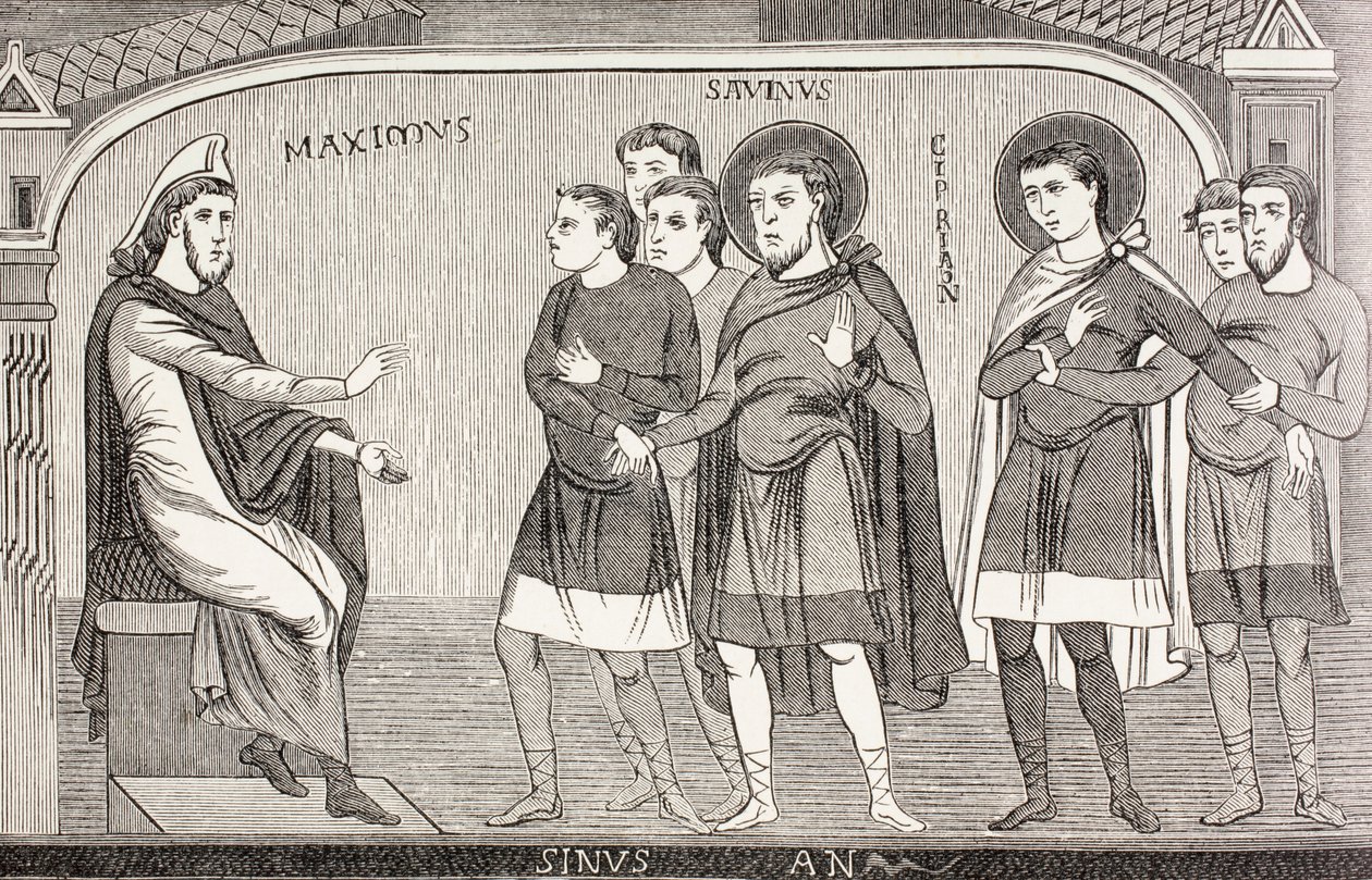 Heiligen Savin en Cyprianus bekennen aan Proconsul Galerius Maximus dat ze christenen zijn, uit 