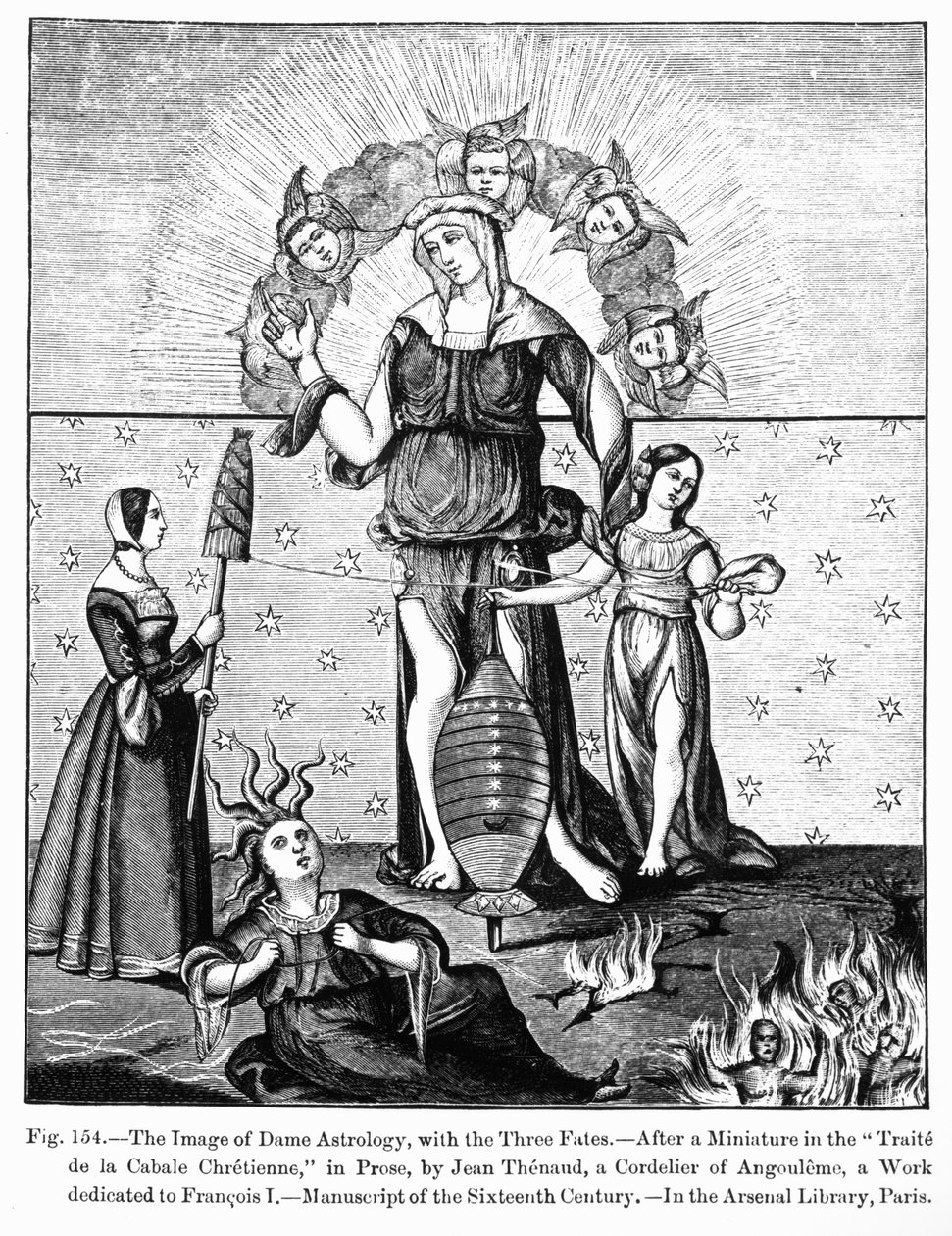 Het beeld van Dame Astrologie met de drie schikgodinnen, uit 