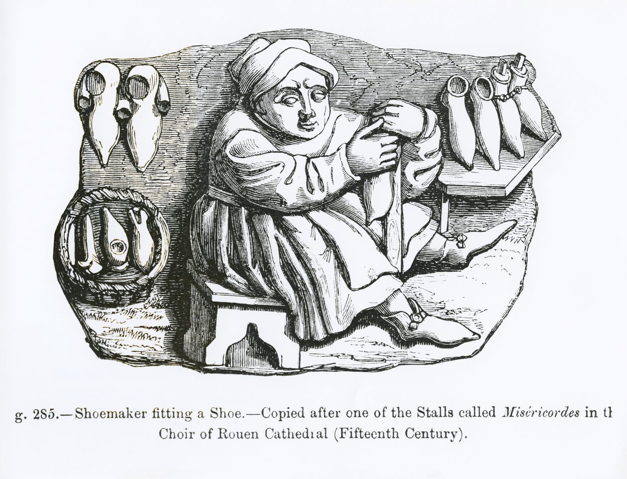 De schoenmaker past een schoen aan, gekopieerd van een van de Misericordia-stoelen in het koor van de kathedraal van Rouen, illustratie uit 