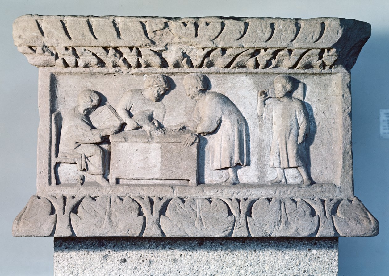 Reliëf dat een belastinginnerscène uitbeeldt door Gallo Roman