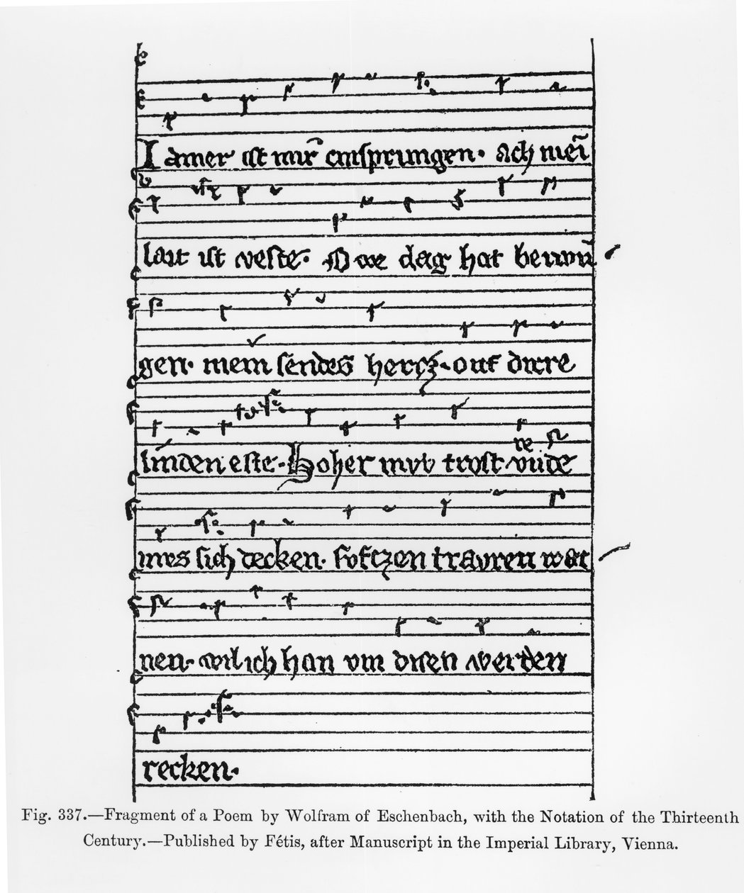 Fragment van een gedicht door Wolfram van Eschenbach, gepubliceerd door Fetis, illustratie uit 