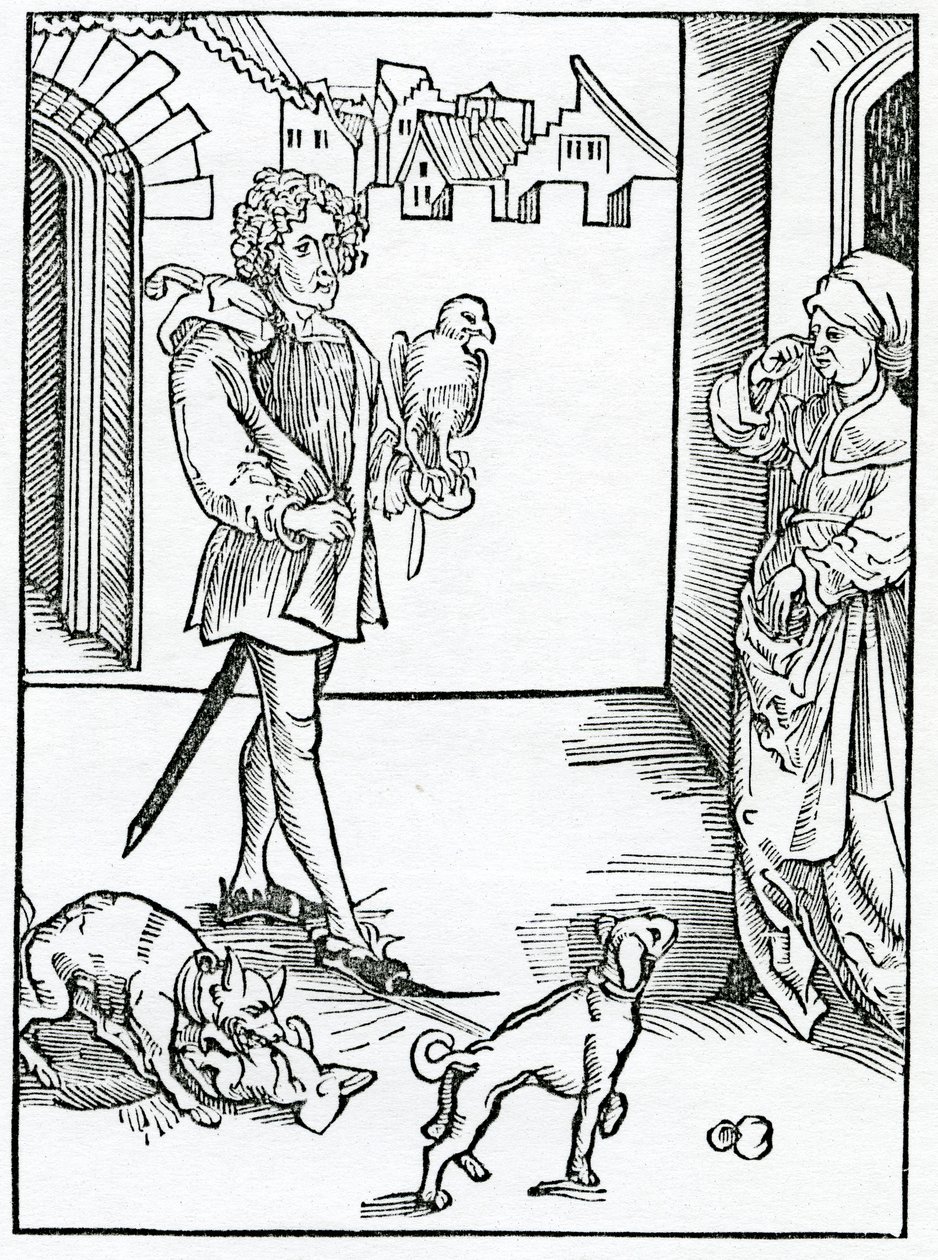 Van hen die geluiden maken, verhalen herhalen en andere onwettige en oneerlijke dingen doen in de kerk van God, illustratie uit Alexander Barclay