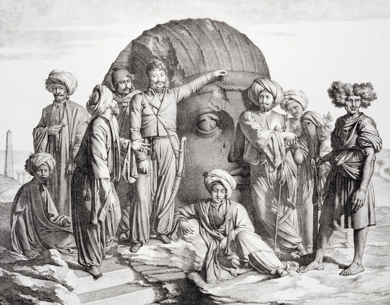 Monsieur Drovetti en zijn volgelingen gebruiken een schietlood om een kolossaal hoofd in de Egyptische woestijn te meten, gegraveerd door G. Engelmann, uit 