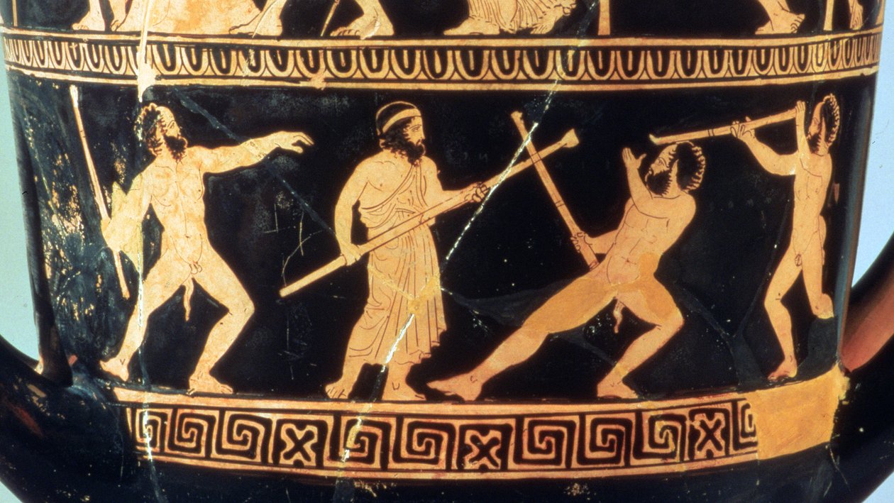 Attische roodfigurige calyx-krater die de Daden van Theseus en de saters Sikinnis, Komos en Simos toont, c.420 v.Chr. door Greek