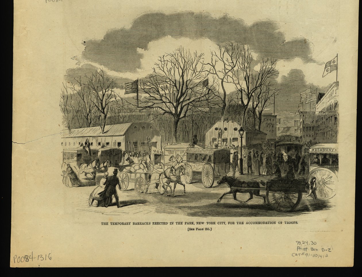 Afdruk van een stadspark met gebouwen, paard-en-wagens en mensen op de voorgrond, met verschillende gebouwen met vlaggen en bomen op de achtergrond. door Unknown