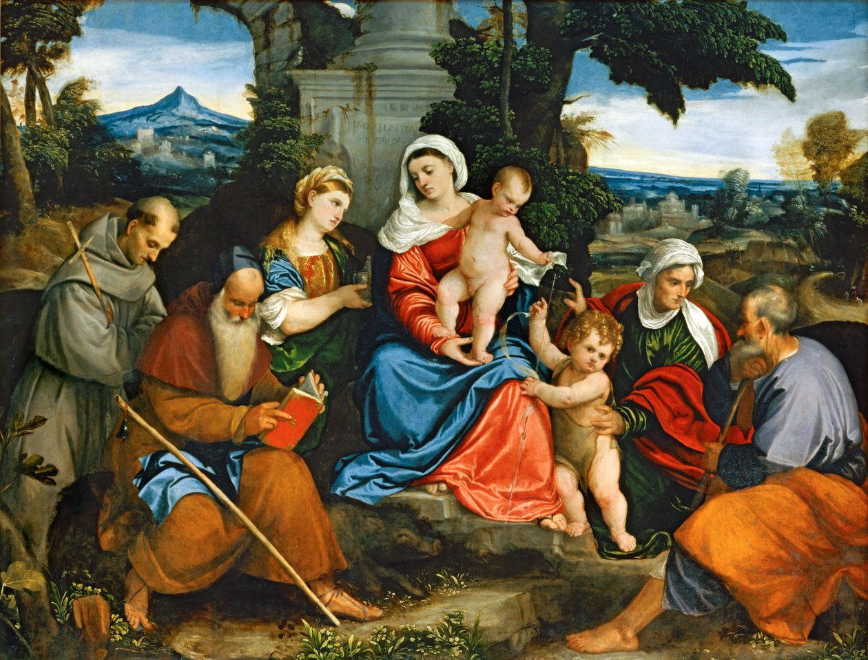 De Heilige Familie met de heiligen Franciscus, Antonius, Magdalena, Johannes de Doper en Elizabeth ... door (1528 88) Veronese