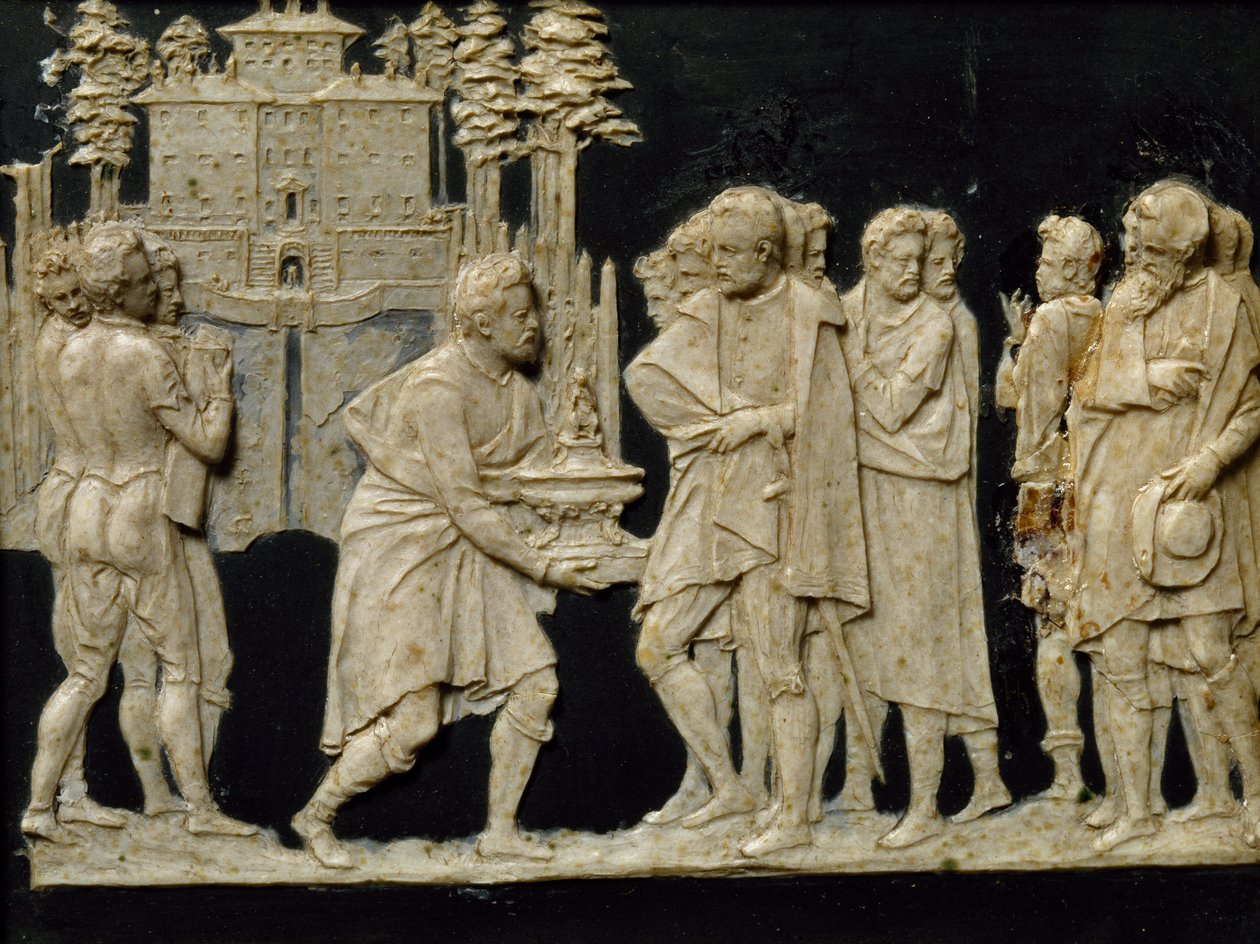 Presentatie aan Francesco I van model fontein in Pratolino, door Jean de Boulogne alias Giambologna (1529-1608), wasplaat door Giambologna