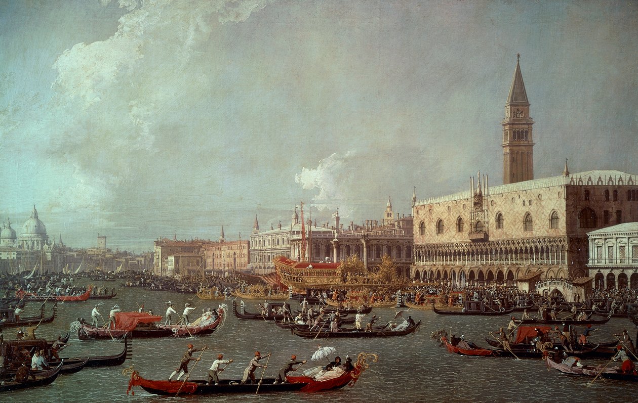 De terugkeer van de Bucentaur naar de pier op Hemelvaartsdag, ca. 1760, door Giovanni Antonio Canal bekend als Canaletto door (1697 1768) Canaletto