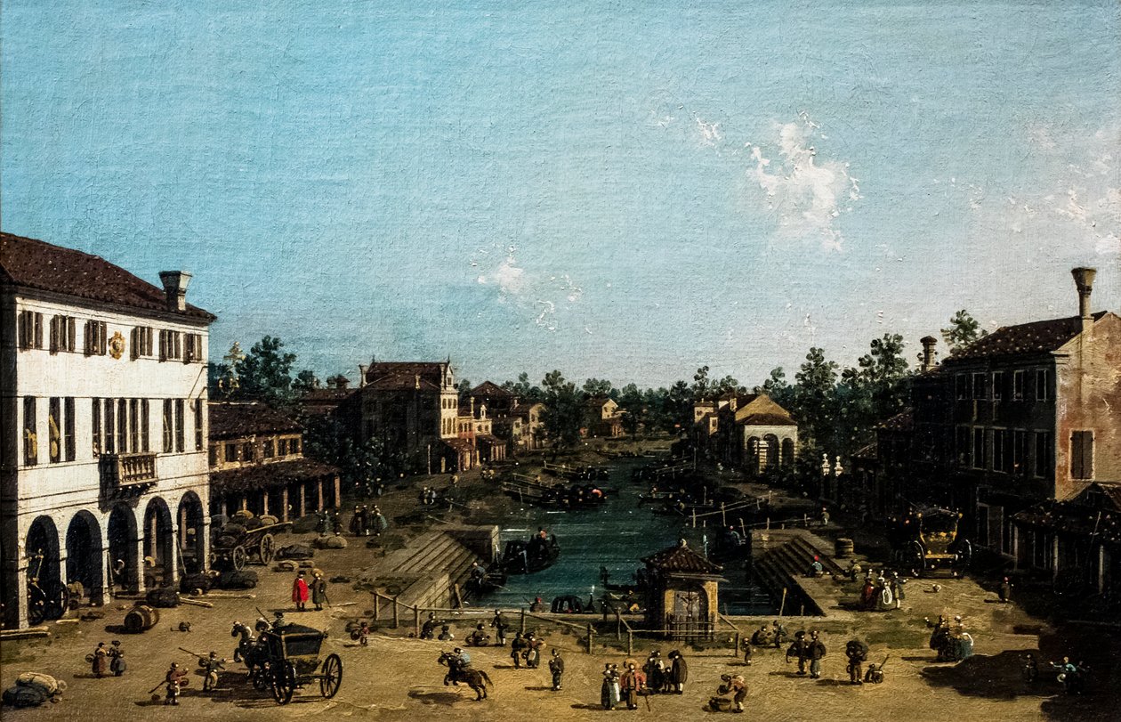 Gezicht op Mestre met het Canale delle barche, ca. 1755-1760 (olieverf op doek) door (1697-1768) Canaletto