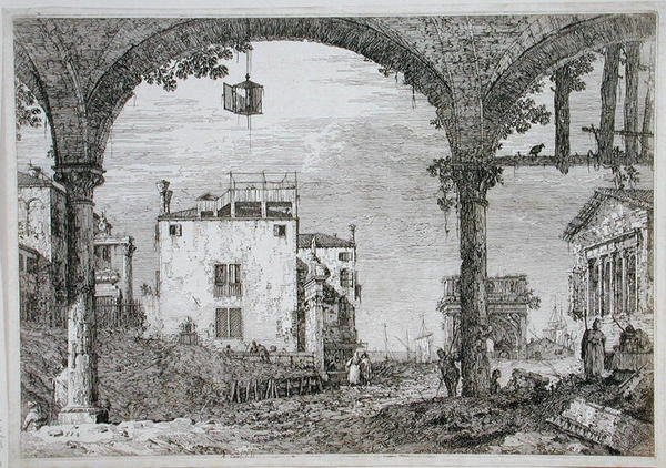 Uitzicht door een arcade naar kustgebouwen door Canaletto