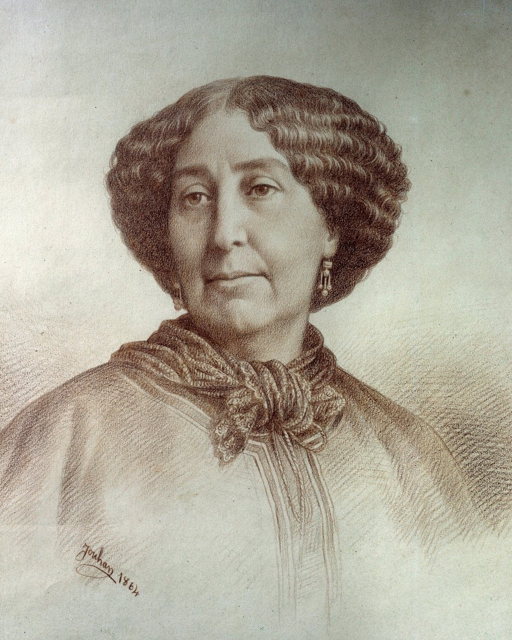 Portret van de schrijfster George Sand (1804-1876) Aurore Dupin, Barones Dudevant Tekening door Rene Jouhan (1835-?) naar een foto van Nadar door Nadar