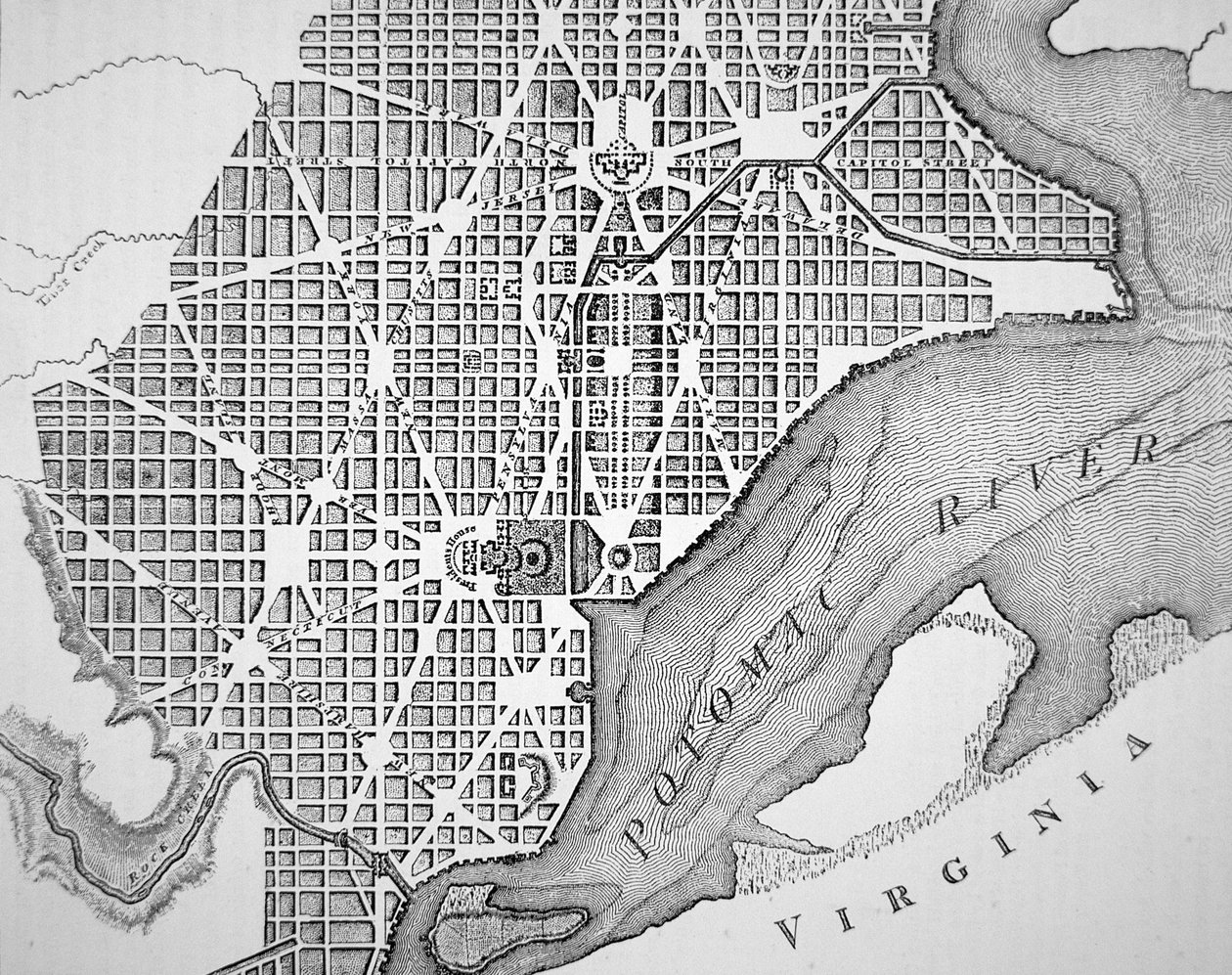 Plan van de stad Washington zoals oorspronkelijk uitgelegd in 1793 door (after) American School